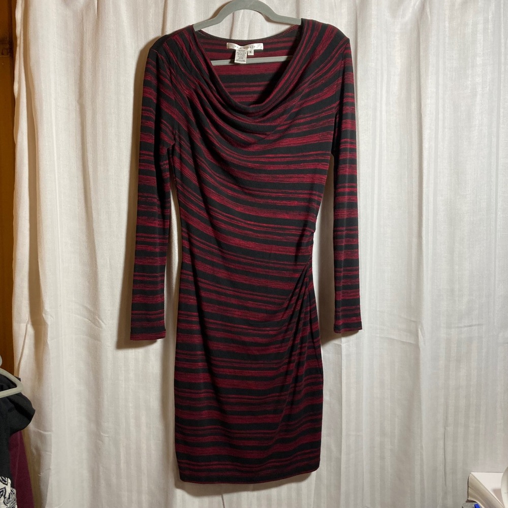 Max Studio Women Red Black Striped Cowl Neck Ruched Sheath Dress S Office Career